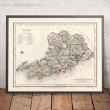 Mapa antiguo del condado de Cork por Samuel Lewis, 1844: Cobh, Kinsale, Castillo de Blarney, Casa Fota, Mizen Head
