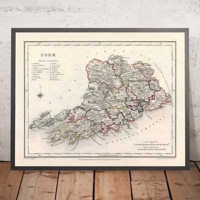 Alte Karte des County Cork von Samuel Lewis, 1844: Cobh, Kinsale, Blarney Castle, Fota House, Mizen Head 