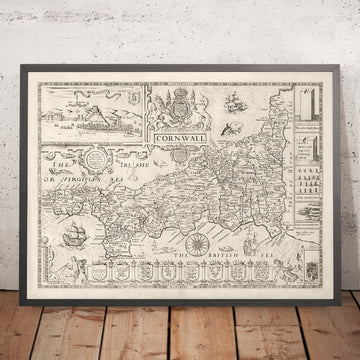 Antica mappa della Cornovaglia del 1611 di Speed - Penzance, St Ives, Plymouth, Lands End, Padstow 