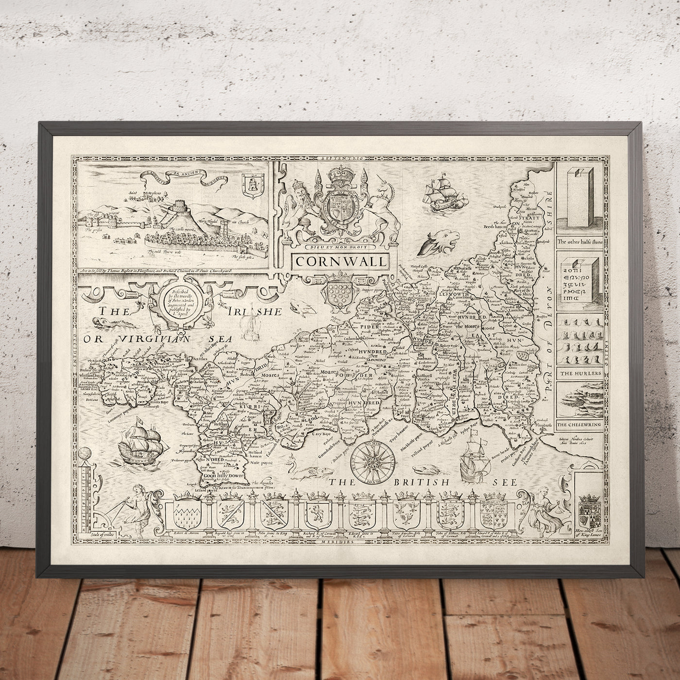 Alte Karte von Cornwall im Jahr 1611 von Speed - Penzance, St Ives, Plymouth, Lands End, Padstow 