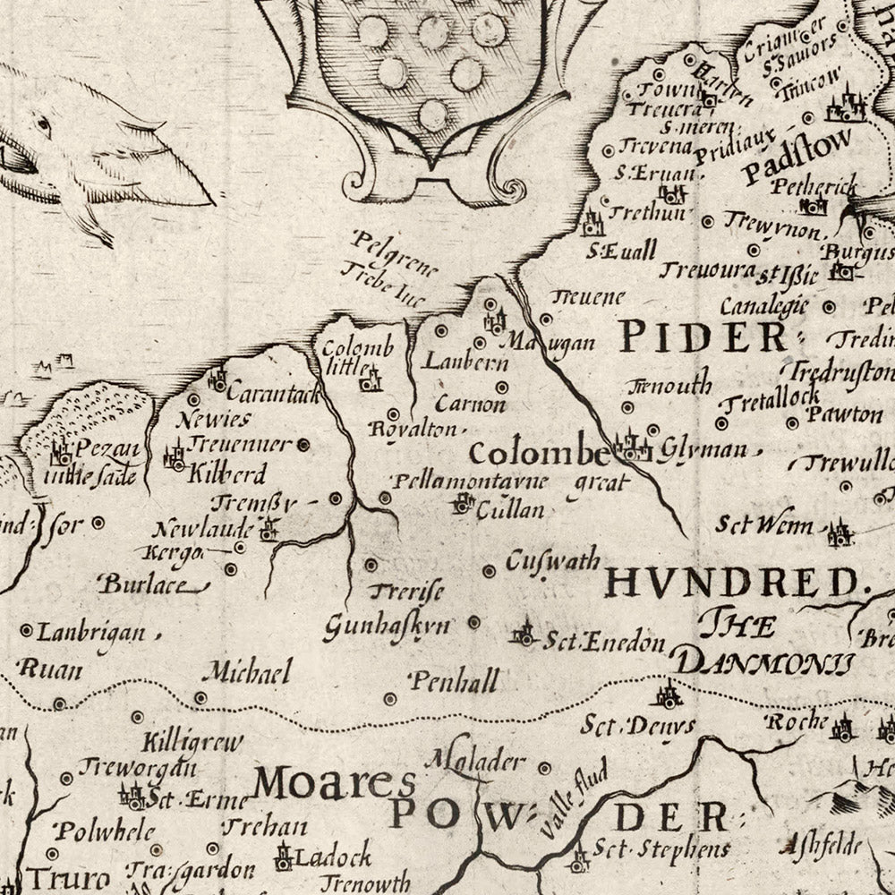 Alte Karte von Cornwall im Jahr 1611 von Speed - Penzance, St Ives, Plymouth, Lands End, Padstow 
