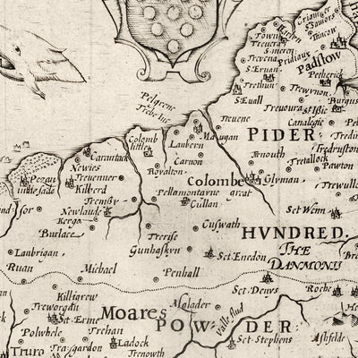 Alte Karte von Cornwall im Jahr 1611 von Speed - Penzance, St Ives, Plymouth, Lands End, Padstow 