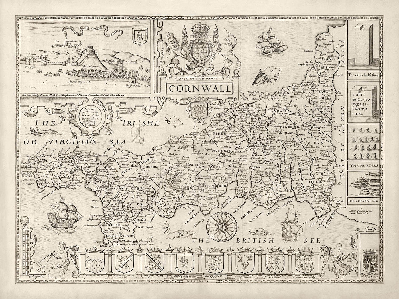 Alte Karte von Cornwall im Jahr 1611 von Speed - Penzance, St Ives, Plymouth, Lands End, Padstow 