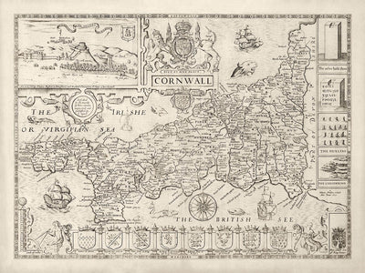 Alte Karte von Cornwall im Jahr 1611 von Speed - Penzance, St Ives, Plymouth, Lands End, Padstow 