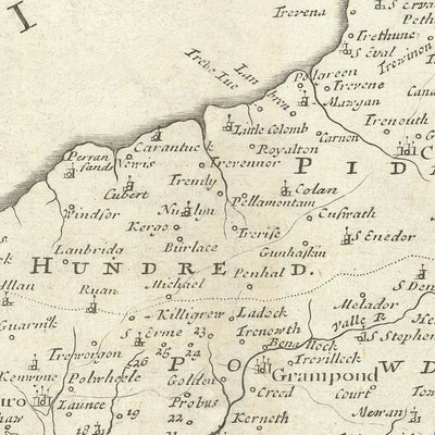 Old Map of Cornwall by Robert Morden, 1722: Truro, Falmouth, Penzance, Bodmin Moor, Land's End