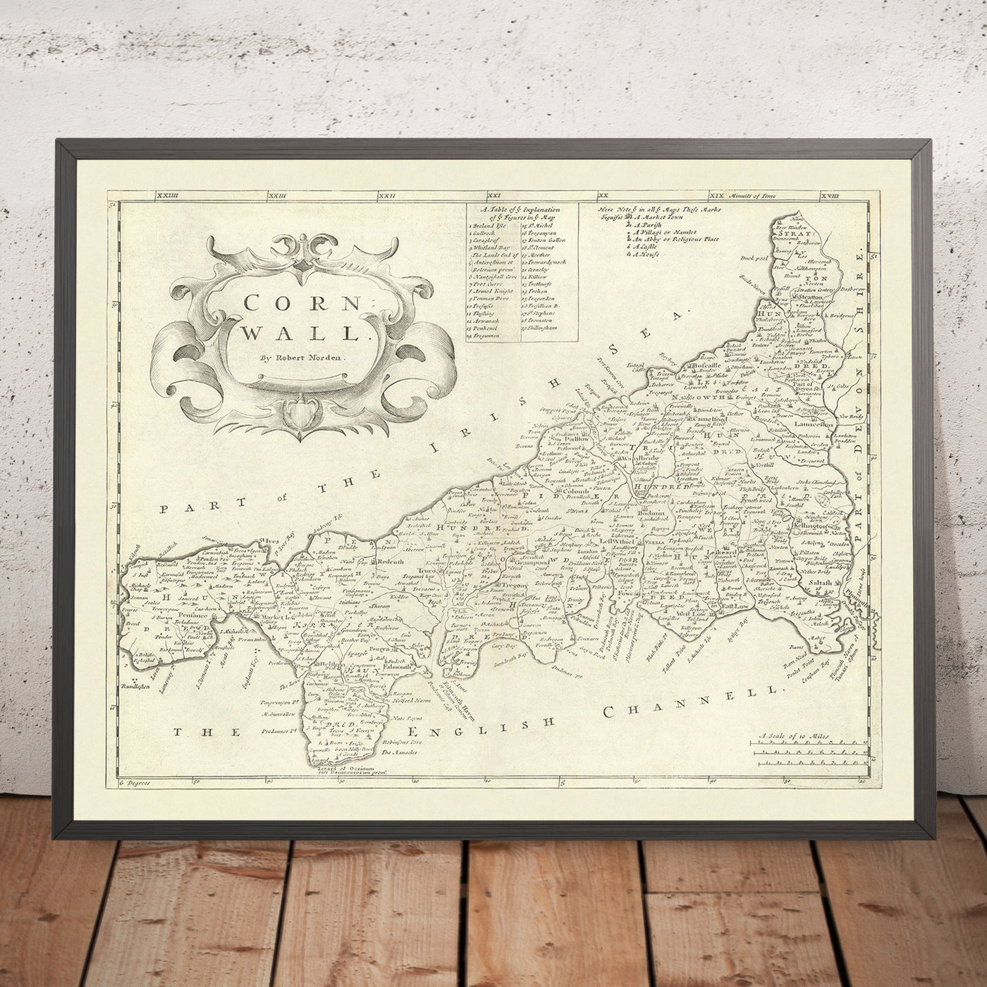 Old Map of Cornwall by Robert Morden, 1722: Truro, Falmouth, Penzance, Bodmin Moor, Land's End