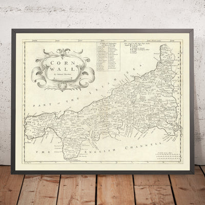 Old Map of Cornwall by Robert Morden, 1722: Truro, Falmouth, Penzance, Bodmin Moor, Land's End