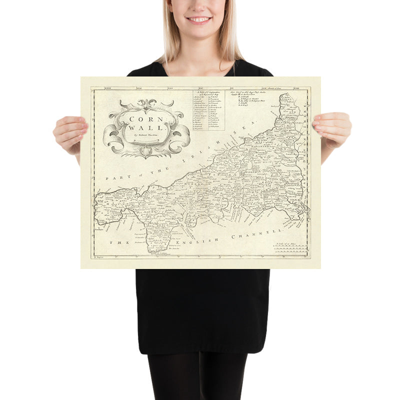 Old Map of Cornwall by Robert Morden, 1722: Truro, Falmouth, Penzance, Bodmin Moor, Land's End