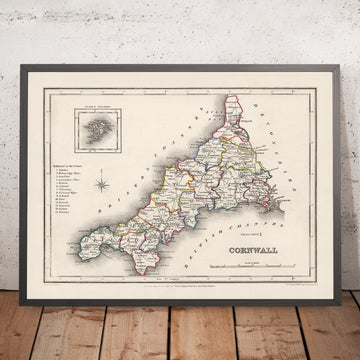 Antigua mapa de Cornwall por Samuel Lewis, 1844: St Austell, Truro, Falmouth, Penzance y Newquay 