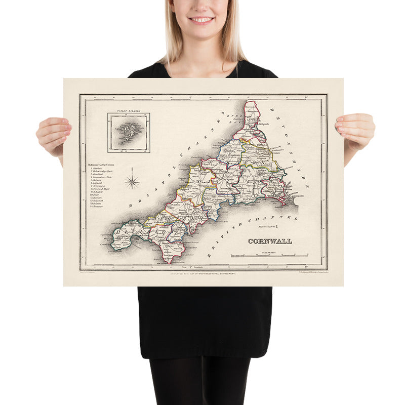 Alte Karte von Cornwall von Samuel Lewis, 1844: St Austell, Truro, Falmouth, Penzance und Newquay 
