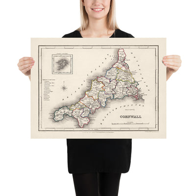 Alte Karte von Cornwall von Samuel Lewis, 1844: St Austell, Truro, Falmouth, Penzance und Newquay 