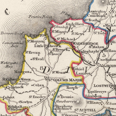 Alte Karte von Cornwall von Samuel Lewis, 1844: St Austell, Truro, Falmouth, Penzance und Newquay 