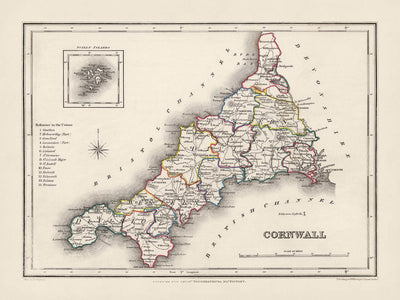 Alte Karte von Cornwall von Samuel Lewis, 1844: St Austell, Truro, Falmouth, Penzance und Newquay 