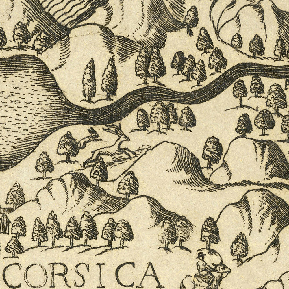 Mapa antiguo de Córcega por Bertelli, 1562: Atlas antiguo, Bastia, Bonifacio, veleros elegantes, campos cultivados 