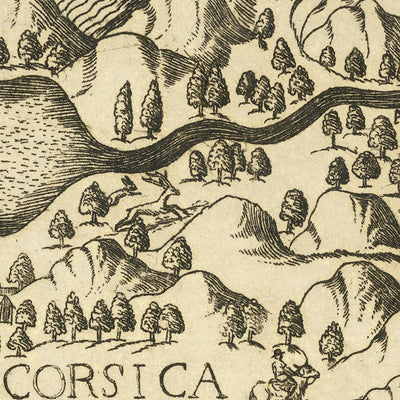 Mapa antiguo de Córcega por Bertelli, 1562: Atlas antiguo, Bastia, Bonifacio, veleros elegantes, campos cultivados 