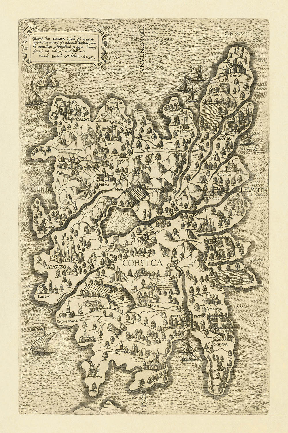 Mapa antiguo de Córcega por Bertelli, 1562: Atlas antiguo, Bastia, Bonifacio, veleros elegantes, campos cultivados 