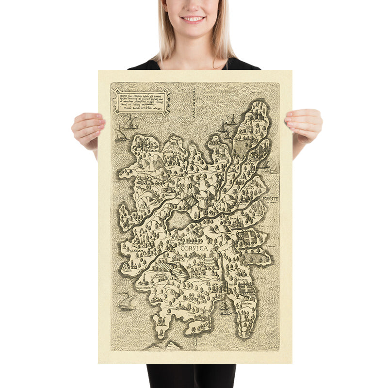 Mapa antiguo de Córcega por Bertelli, 1562: Atlas antiguo, Bastia, Bonifacio, veleros elegantes, campos cultivados 