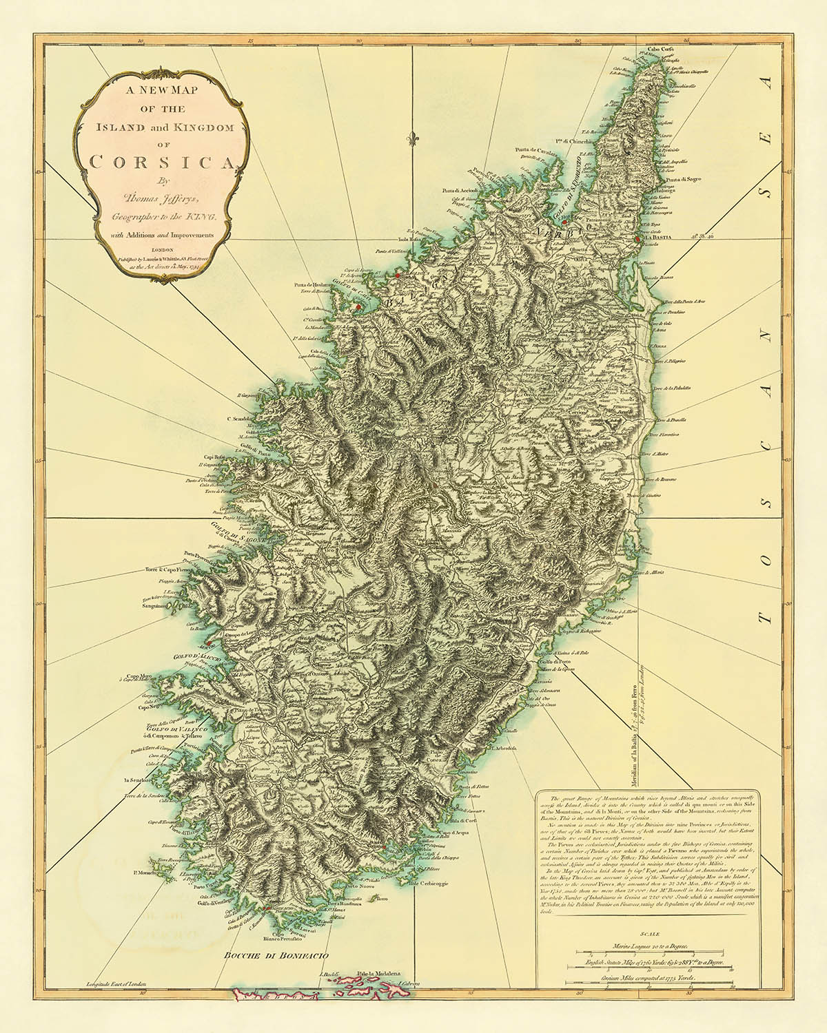 Ancienne carte de la Corse par Laurie & Whittle, 1794 : Topographie, Routes, Rivières, Baies, Ajaccio, Porto-Vecchio, Bastia 