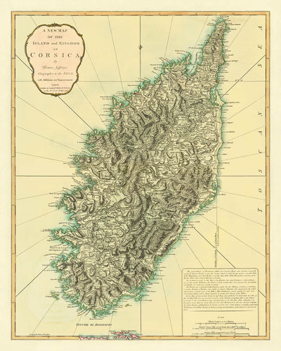Ancienne carte de la Corse par Laurie & Whittle, 1794 : Topographie, Routes, Rivières, Baies, Ajaccio, Porto-Vecchio, Bastia 