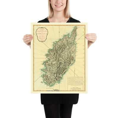 Ancienne carte de la Corse par Laurie & Whittle, 1794 : Topographie, Routes, Rivières, Baies, Ajaccio, Porto-Vecchio, Bastia 