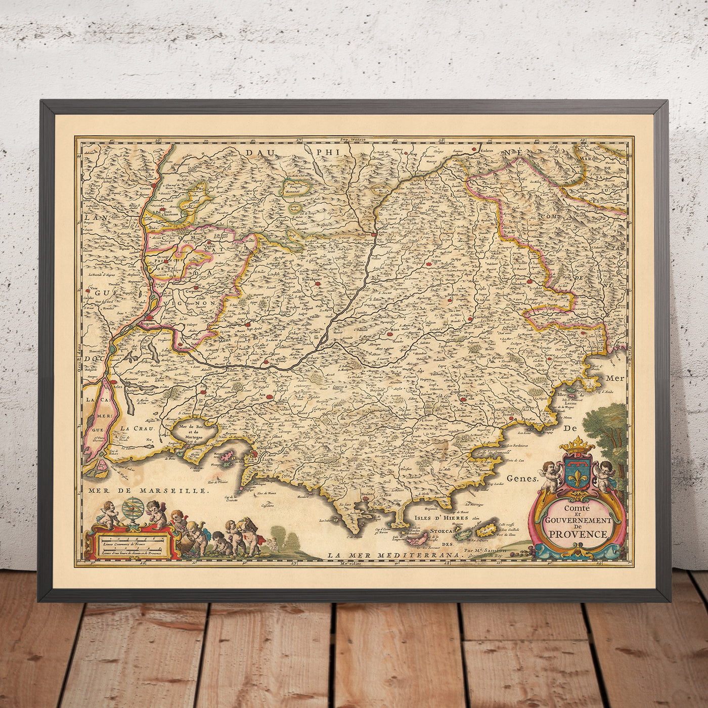 Antiguo mapa de Provenza, Francia por Visscher, 1690: Marsella, Aviñón, Cannes, Niza, Parc national des Calanques