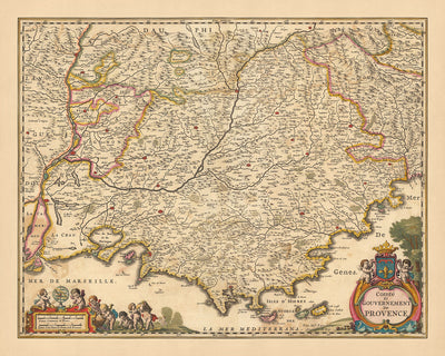Antiguo mapa de Provenza, Francia por Visscher, 1690: Marsella, Aviñón, Cannes, Niza, Parc national des Calanques