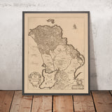 Mapa antiguo del Condado de Antrim por Petty, 1685: Belfast, Carrickfergus, Lisburn, Randalstown 