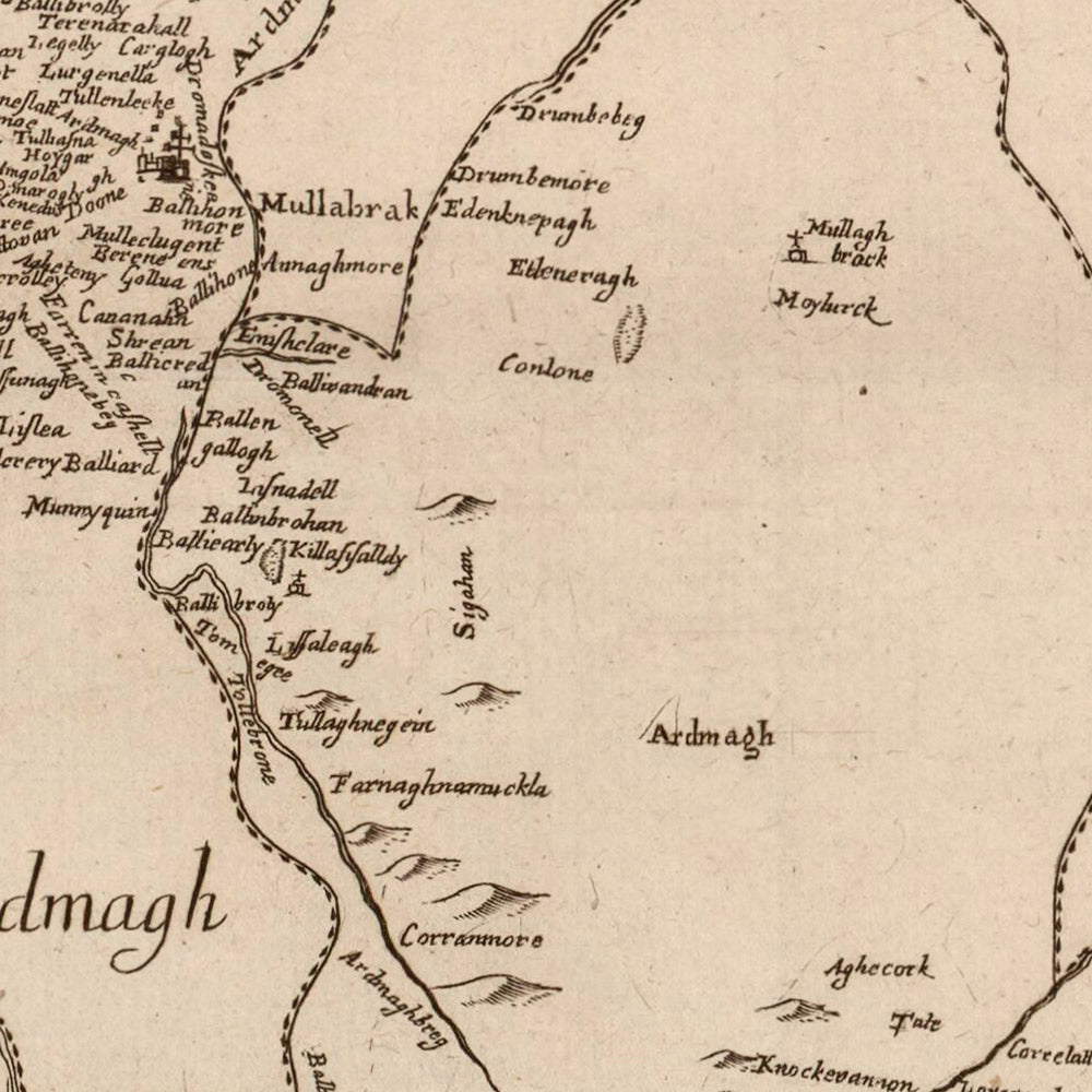Mapa antiguo del condado de Armagh por Petty, 1685: Armagh, Lough Neagh, Charlemont, Portadown, Lurgan 