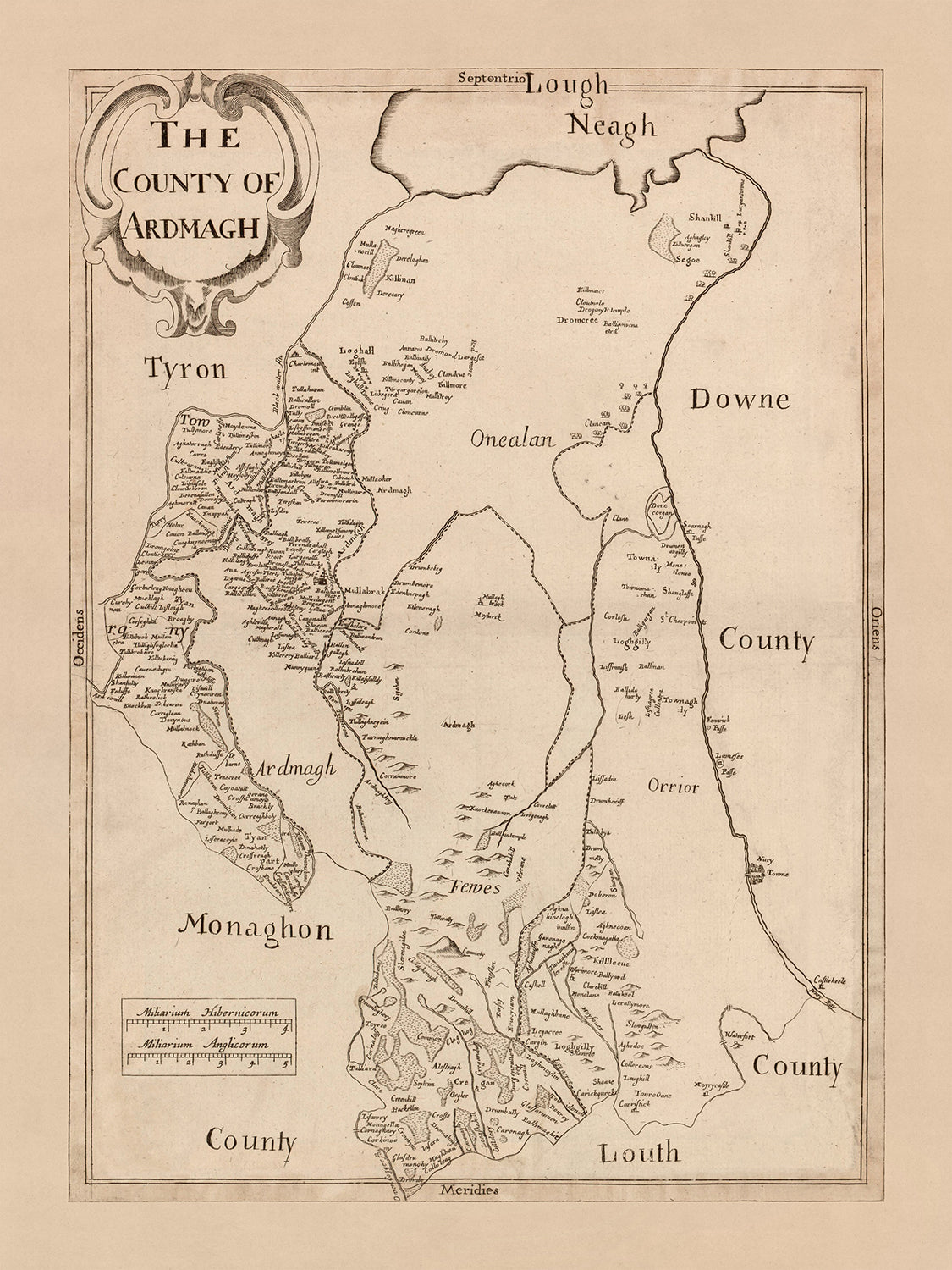 Mapa antiguo del condado de Armagh por Petty, 1685: Armagh, Lough Neagh, Charlemont, Portadown, Lurgan 