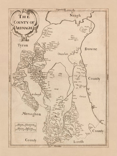 Mapa antiguo del condado de Armagh por Petty, 1685: Armagh, Lough Neagh, Charlemont, Portadown, Lurgan 
