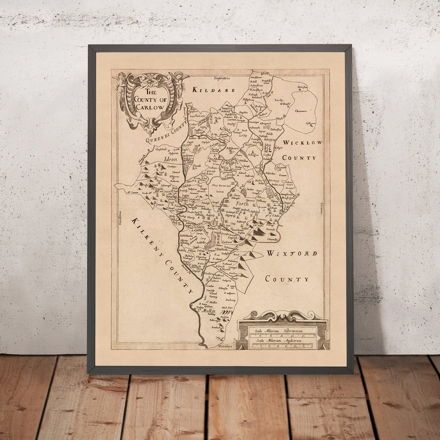 Mappa antica della Contea di Carlow: Petty, 1685: Carlow, Tullow, Leighlinbridge, Hacketstown, Borris 