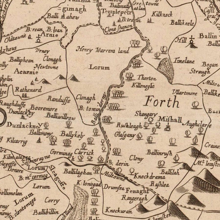 Mappa antica della Contea di Carlow: Petty, 1685: Carlow, Tullow, Leighlinbridge, Hacketstown, Borris 