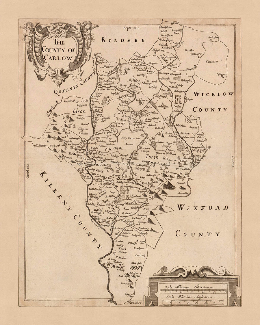 Mappa antica della Contea di Carlow: Petty, 1685: Carlow, Tullow, Leighlinbridge, Hacketstown, Borris 
