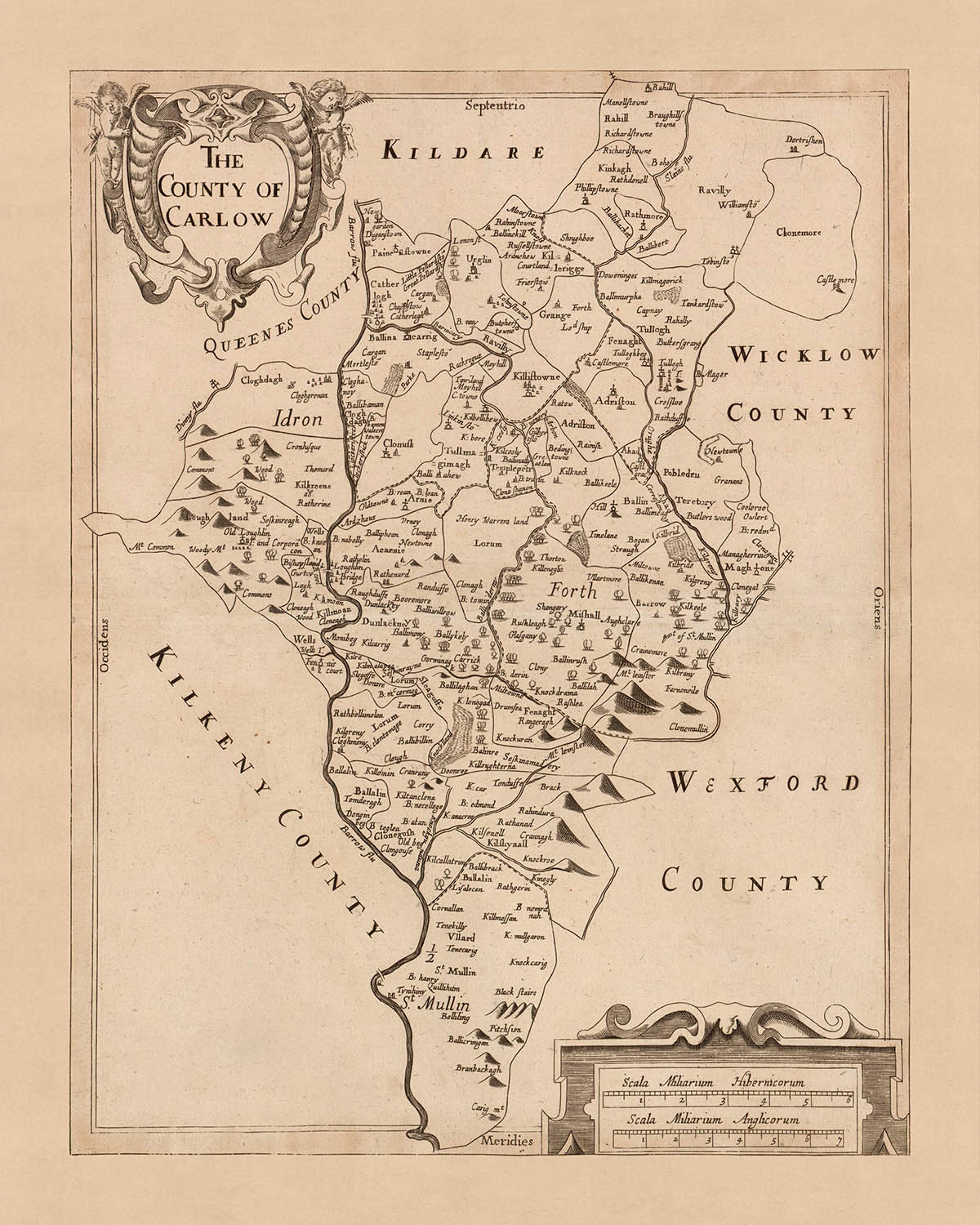 Ancienne carte du comté de Carlow : Petty, 1685 : Carlow, Tullow, Leighlinbridge, Hacketstown, Borris