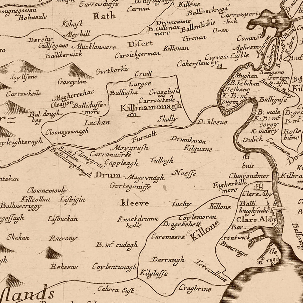 Ancienne carte du comté de Clare par Petty, 1685 : château de Bunratty, falaises de Moher, Burren, Loop Head, Kilrush