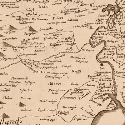 Ancienne carte du comté de Clare par Petty, 1685 : château de Bunratty, falaises de Moher, Burren, Loop Head, Kilrush
