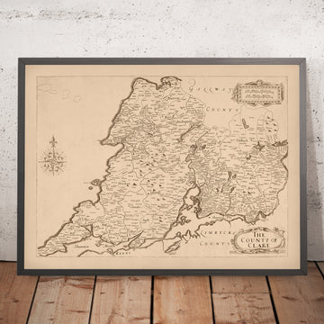 Ancienne carte du comté de Clare par Petty, 1685 : château de Bunratty, falaises de Moher, Burren, Loop Head, Kilrush