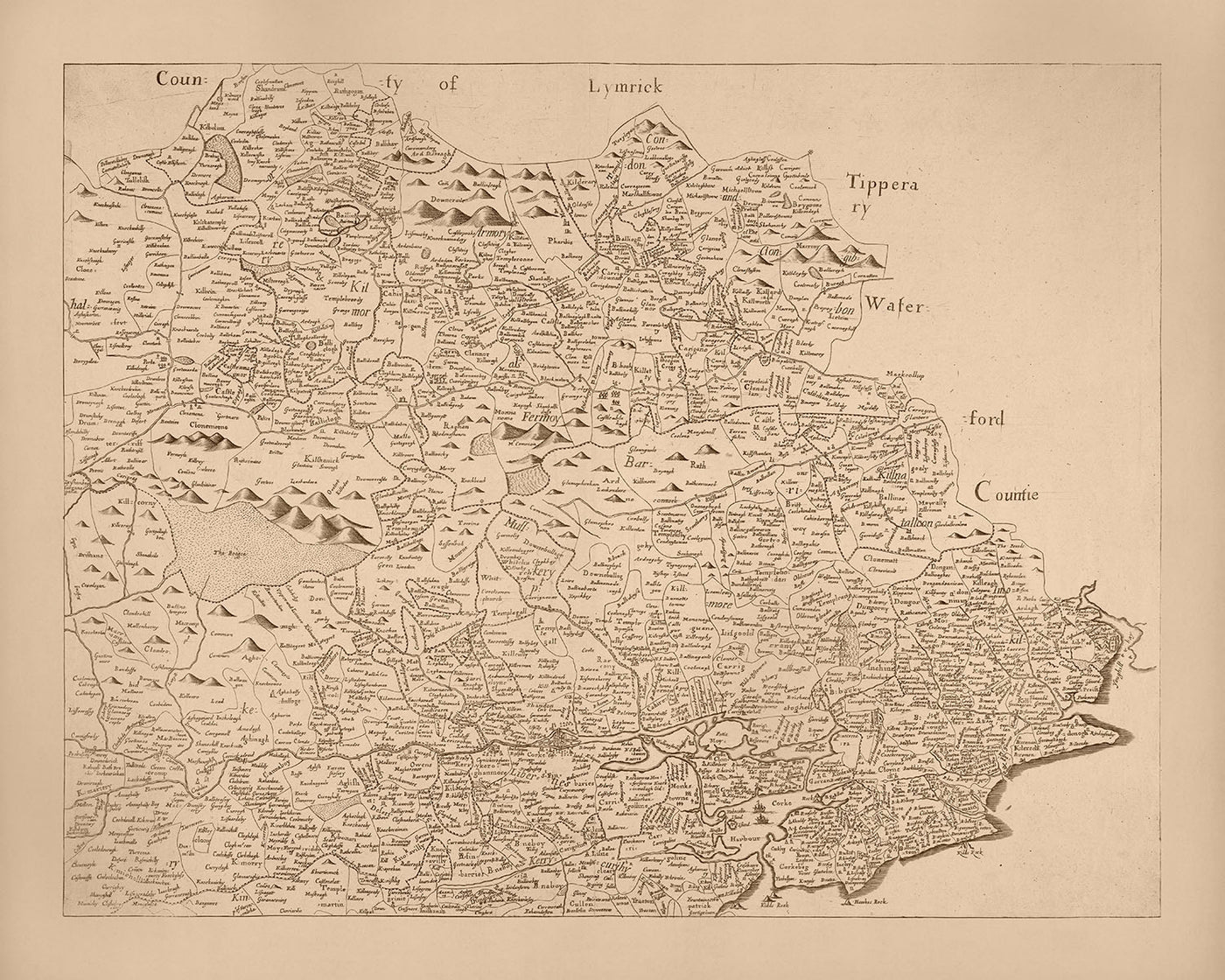 Alte Karte des County Cork von Petty, 1685: Kinsale, Bandon, Clonakilty, Bantry, Skibbereen 