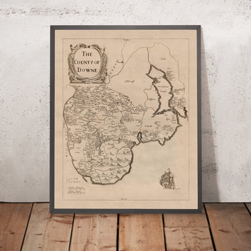 Ancienne carte du comté de Down par Petty, 1685 : Bangor, Donaghadee, Hillsborough, montagnes de Mourne, Tollymore 