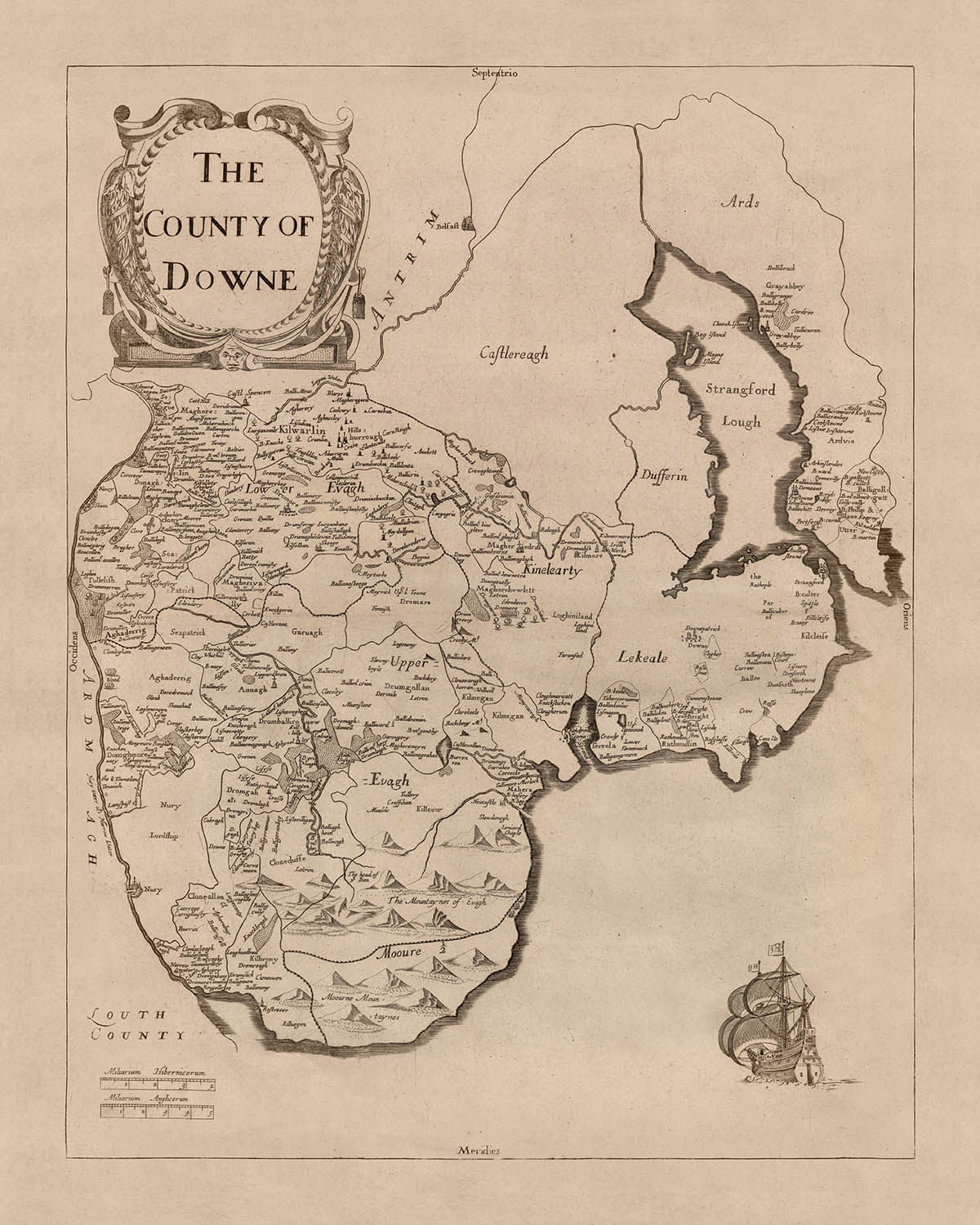 Alte Karte des County Down von Petty, 1685: Bangor, Donaghadee, Hillsborough, Mourne Mountains, Tollymore 