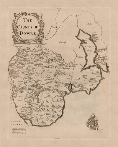 Alte Karte des County Down von Petty, 1685: Bangor, Donaghadee, Hillsborough, Mourne Mountains, Tollymore 