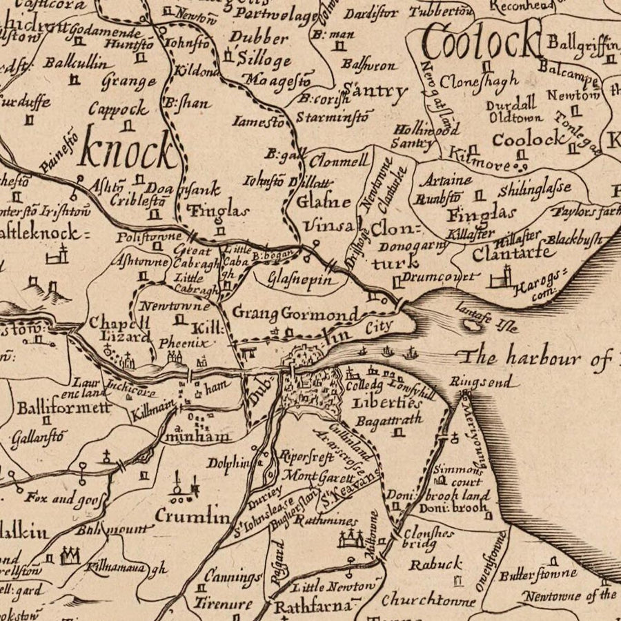 Antigua mapa del condado de Dublín por Petty, 1685: Dublín, Swords, Malahide, Skerries, Blackrock, Clondalkin 