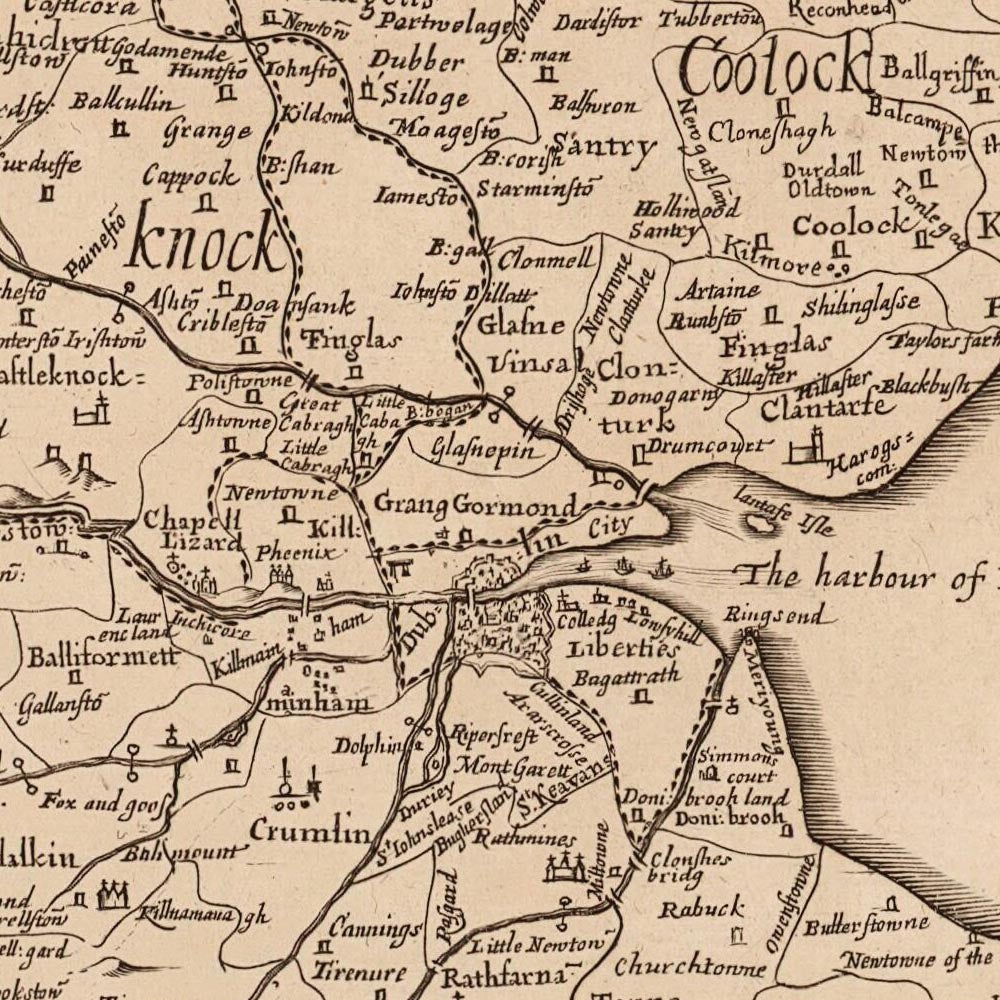 Alte Karte des Countys Dublin von Petty, 1685: Dublin, Swords, Malahide, Skerries, Blackrock, Clondalkin 