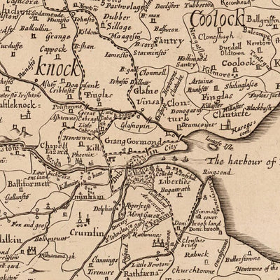 Alte Karte des Countys Dublin von Petty, 1685: Dublin, Swords, Malahide, Skerries, Blackrock, Clondalkin 