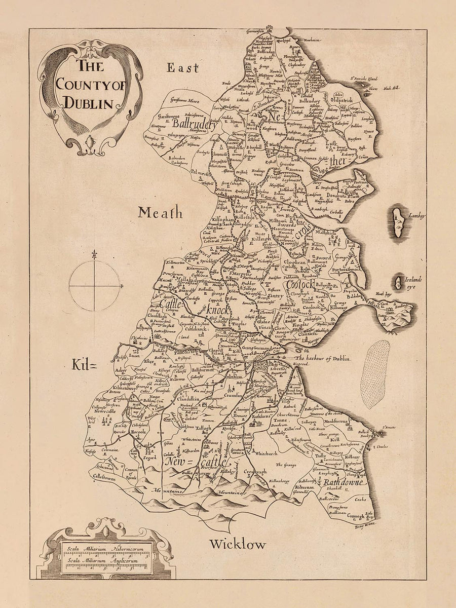 Antigua mapa del condado de Dublín por Petty, 1685: Dublín, Swords, Malahide, Skerries, Blackrock, Clondalkin 