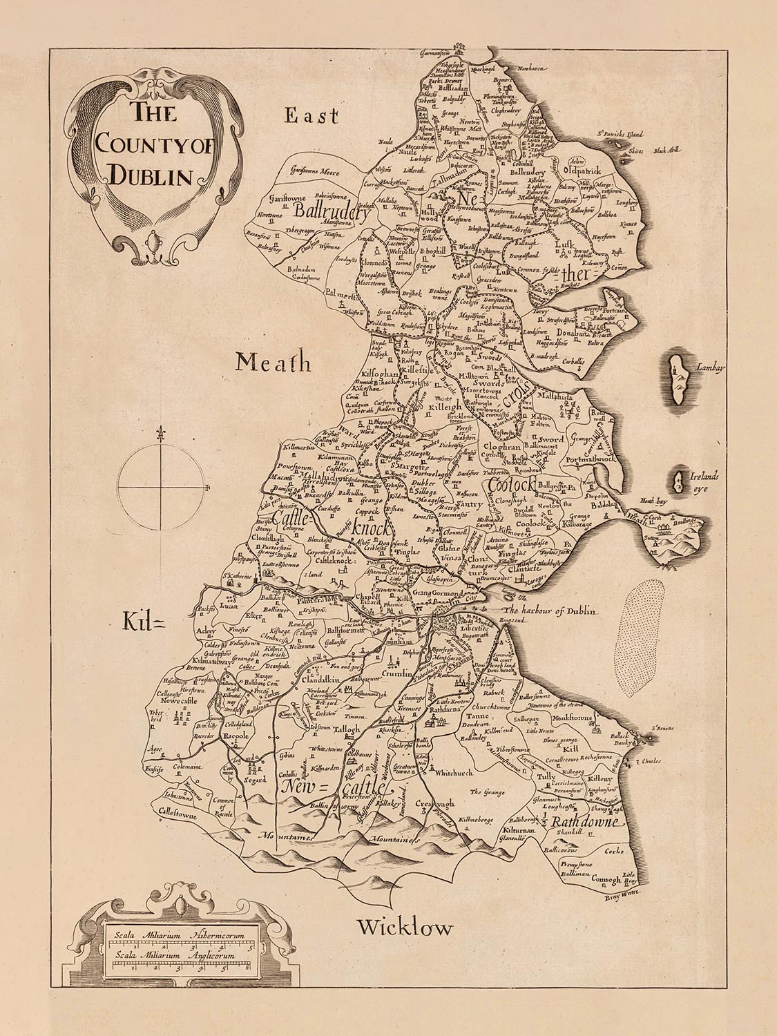 Alte Karte des Countys Dublin von Petty, 1685: Dublin, Swords, Malahide, Skerries, Blackrock, Clondalkin 