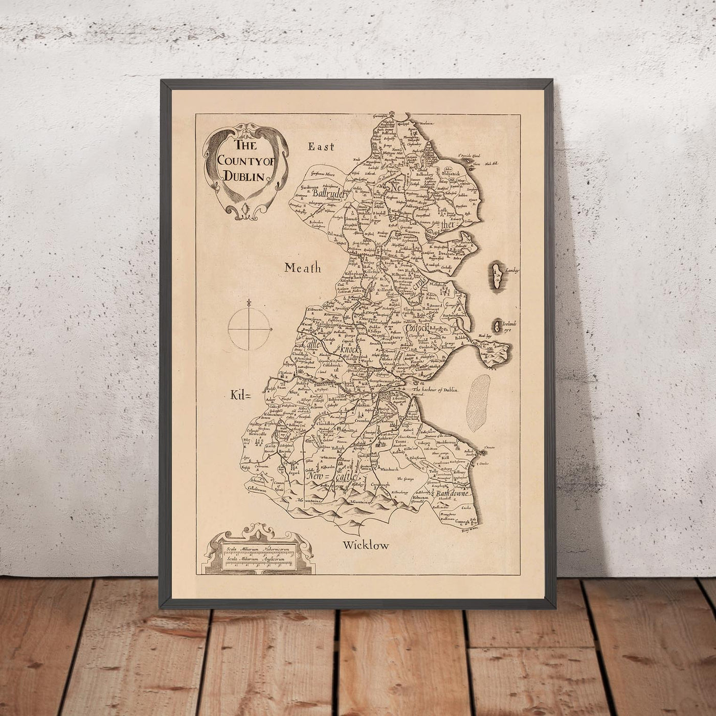 Alte Karte des Countys Dublin von Petty, 1685: Dublin, Swords, Malahide, Skerries, Blackrock, Clondalkin 