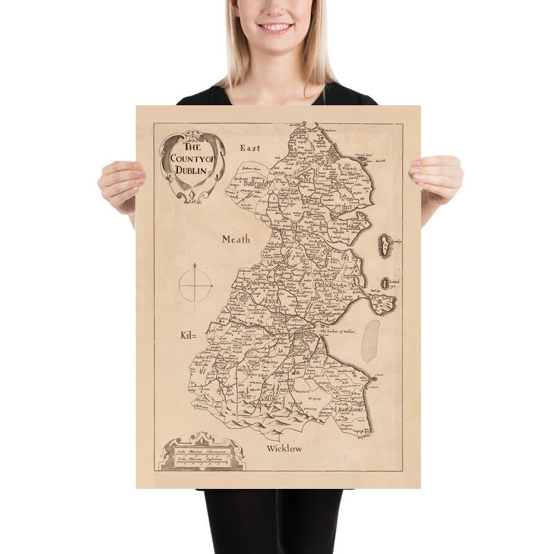 Antigua mapa del condado de Dublín por Petty, 1685: Dublín, Swords, Malahide, Skerries, Blackrock, Clondalkin 