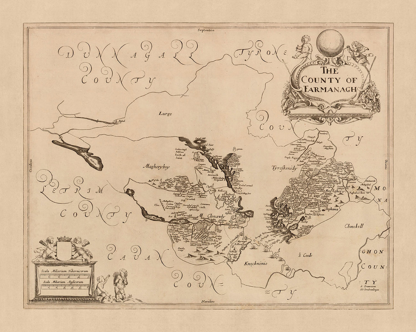 Mapa antiguo del condado de Fermanagh por Petty, 1685: Enniskillen, Castle Coole, Crom Estate, Florence Court, Lough Erne
