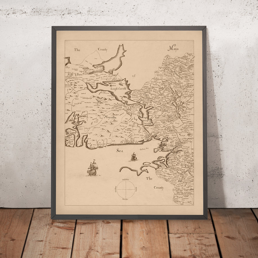Alte Karte des County Galway, 1685: Galway, Connemara, Lough Corrib, Kylemore Abbey, Aran-Inseln 